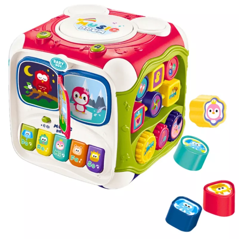 LEAN TOYS Großer multifunktionaler Lernwürfel mit Klavier, Sortierer und Trommel – Interaktives 6-seitiges Aktivitätsspielzeug mit Lichtern, Geräuschen, Perlenlabyrinth und Formensortierer