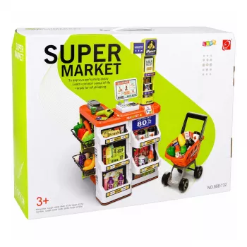 LEAN TOYS Großer Supermarkt-Kassenwagen-Set - 60 Teile mit Licht, Sound & Zubehör, Rollenspielzeug für Kinder ab 3 Jahren