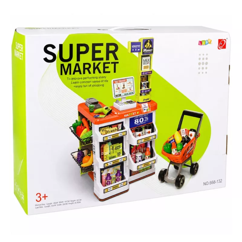 LEAN TOYS Großer Supermarkt-Kassenwagen-Set - 60 Teile mit Licht, Sound & Zubehör, Rollenspielzeug für Kinder ab 3 Jahren