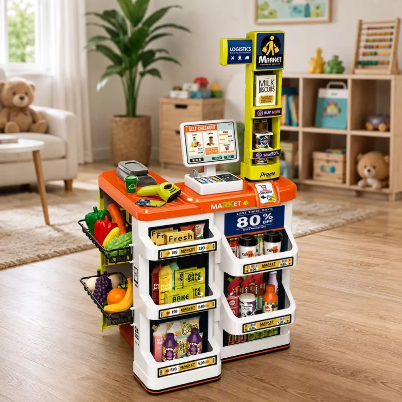 LEAN TOYS Großer Supermarkt-Kassenwagen-Set - 60 Teile mit Licht, Sound & Zubehör, Rollenspielzeug für Kinder ab 3 Jahren