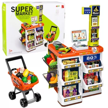 LEAN TOYS Großer Supermarkt-Kassenwagen-Set - 60 Teile mit Licht, Sound & Zubehör, Rollenspielzeug für Kinder ab 3 Jahren