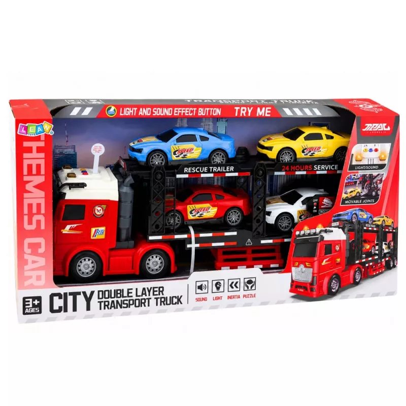 LEAN TOYS Lora Transporter Abschleppwagen mit 4 Autos, Lichtern & Geräuschen – Reibungsbetriebener Auto-Transporter mit abnehmbarem Anhänger