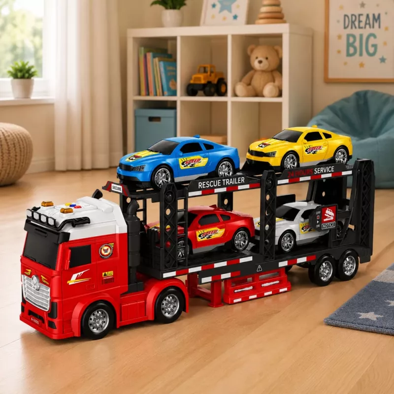 LEAN TOYS Lora Transporter Abschleppwagen mit 4 Autos, Lichtern & Geräuschen – Reibungsbetriebener Auto-Transporter mit abnehmbarem Anhänger