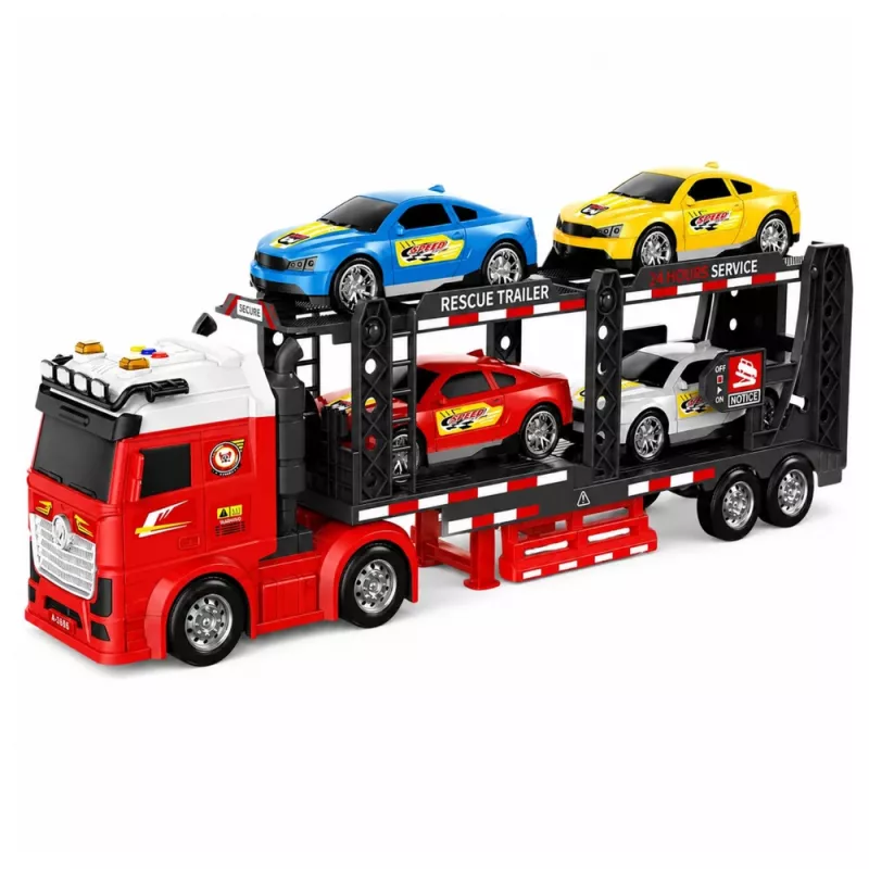 LEAN TOYS Lora Transporter Abschleppwagen mit 4 Autos, Lichtern & Geräuschen – Reibungsbetriebener Auto-Transporter mit abnehmbarem Anhänger