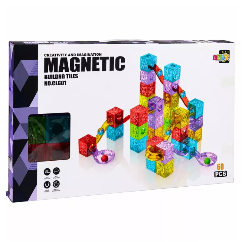 LEAN TOYS Magnetische Bausteine 60 Stück - Bunte Würfel-Kugelbahn-Baukasten