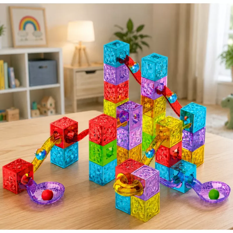 LEAN TOYS Magnetische Bausteine 60 Stück - Bunte Würfel-Kugelbahn-Baukasten