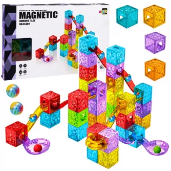 LEAN TOYS Magnetische Bausteine 60 Stück - Bunte Würfel-Kugelbahn-Baukasten
