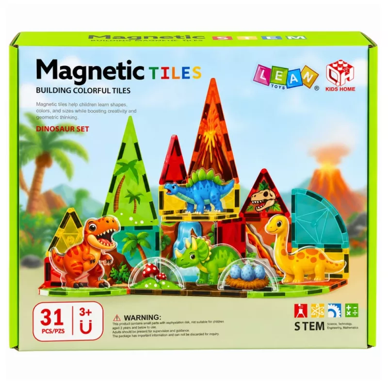 LEAN TOYS Magnetische Bausteine Dinosaurier Vulkan 31 Teile