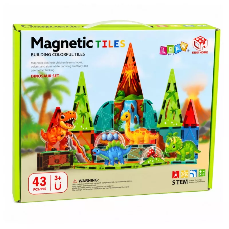 LEAN TOYS Magnetische Konstruktionsblöcke Dinosaurier Vulkan Set - 43 Teile STEM Lernspielzeug für Kinder ab 3 Jahren