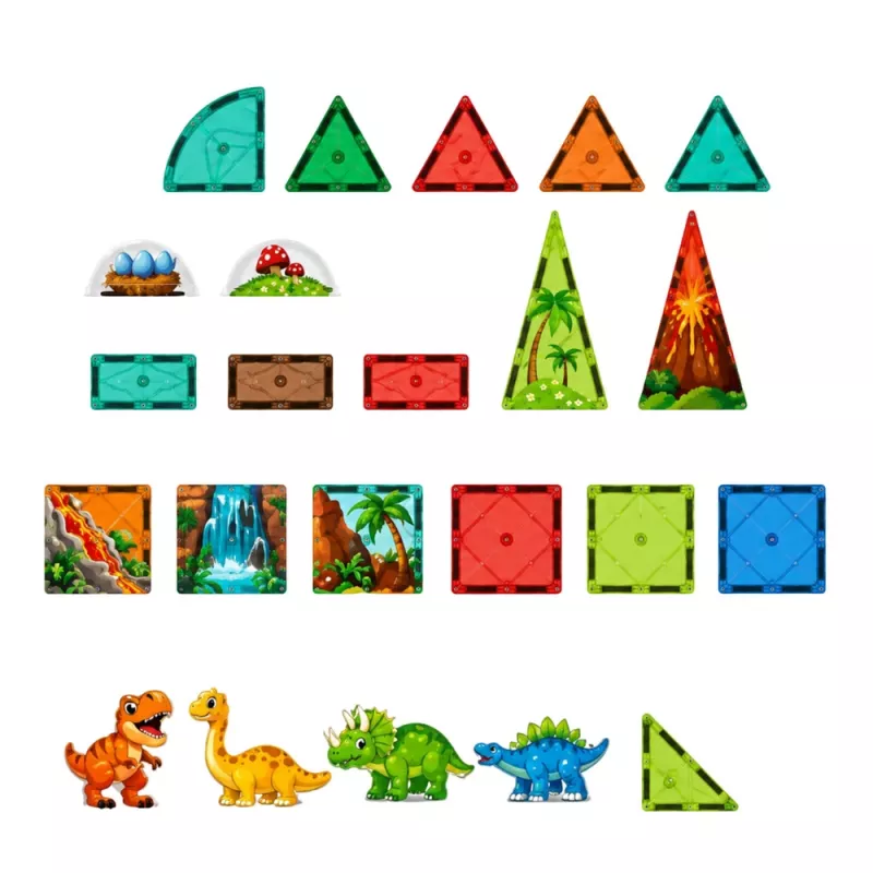 LEAN TOYS Magnetische Konstruktionsblöcke Dinosaurier Vulkan Set - 43 Teile STEM Lernspielzeug für Kinder ab 3 Jahren