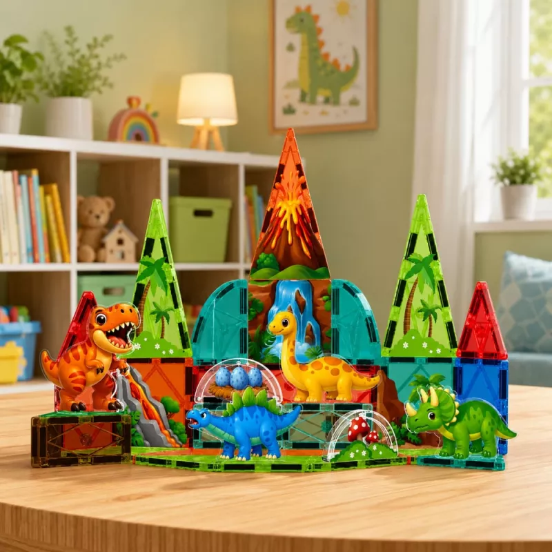 LEAN TOYS Magnetische Konstruktionsblöcke Dinosaurier Vulkan Set - 43 Teile STEM Lernspielzeug für Kinder ab 3 Jahren