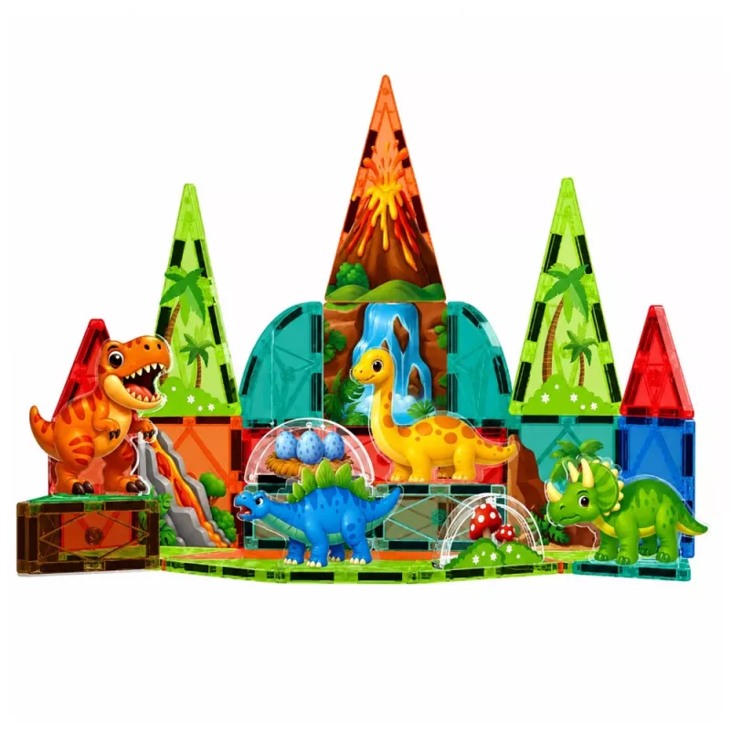 LEAN TOYS Magnetische Konstruktionsblöcke Dinosaurier Vulkan Set - 43 Teile STEM Lernspielzeug für Kinder ab 3 Jahren
