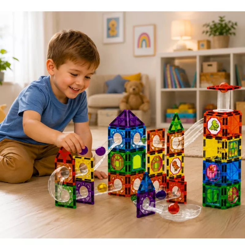 LEAN TOYS Magnetische Konstruktionsblöcke Bahn-Set mit STEM-Bällen und Dinosauriern – 92 Teile