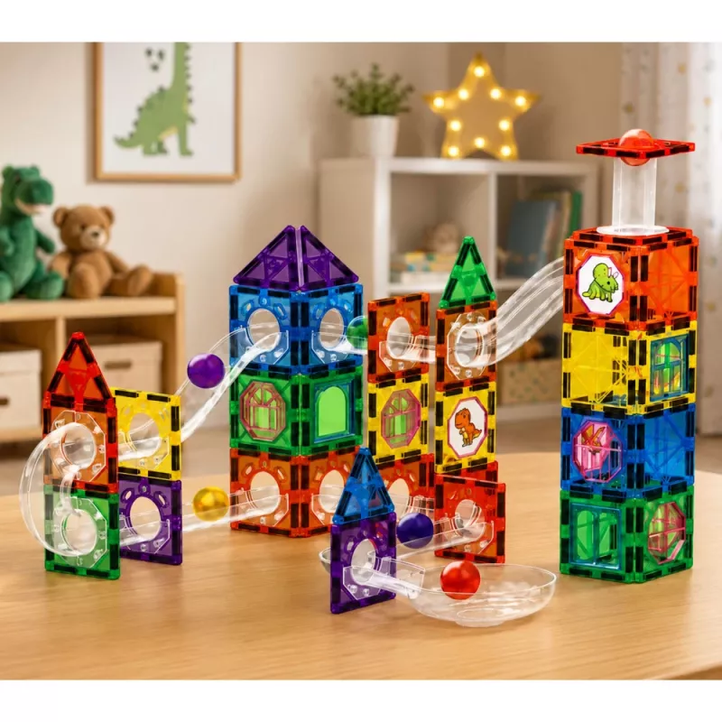 LEAN TOYS Magnetische Konstruktionsblöcke Bahn-Set mit STEM-Bällen und Dinosauriern – 92 Teile