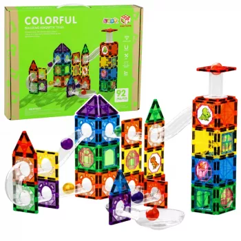 LEAN TOYS Magnetische Konstruktionsblöcke Bahn-Set mit STEM-Bällen und Dinosauriern – 92 Teile