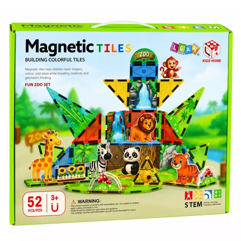 LEAN TOYS Magnetische Konstruktionsblöcke Wilde Tiere Dschungel ZOO 52 Stück