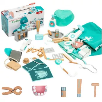 LEAN TOYS Medical Set Little Doctor Dentist Wooden First Aid Kit Apron 20 pcs