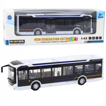 LEAN TOYS Metall-Stadtbus Weiß 1:43 Druckguss-Modell mit Rückziehmotor und öffnenden Türen