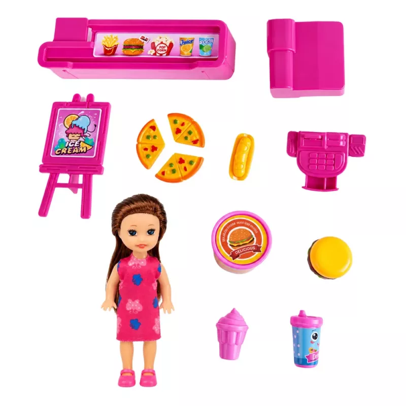 LEAN TOYS Mini-Puppenset mit Registrierkasse, Verkäuferin, Hamburger, Eiscreme-Zubehör