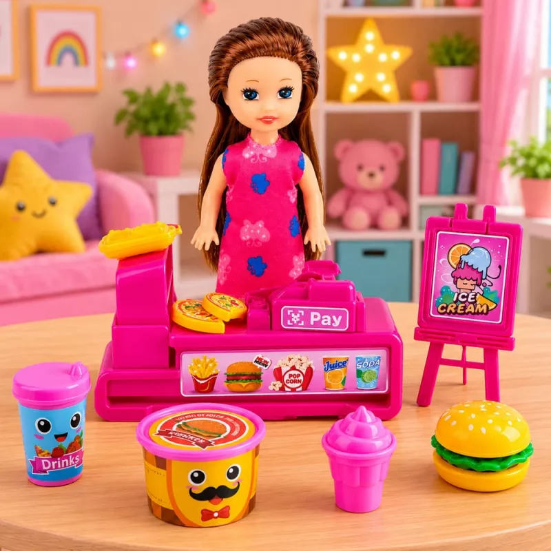 LEAN TOYS Mini-Puppenset mit Registrierkasse, Verkäuferin, Hamburger, Eiscreme-Zubehör