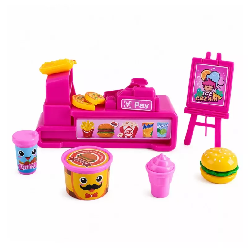 LEAN TOYS Mini-Puppenset mit Registrierkasse, Verkäuferin, Hamburger, Eiscreme-Zubehör