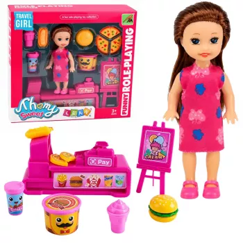 LEAN TOYS Mini-Puppenset mit Registrierkasse, Verkäuferin, Hamburger, Eiscreme-Zubehör
