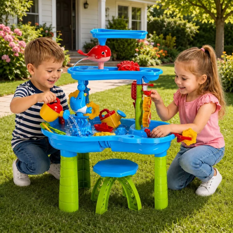 LEAN TOYS Mehrstufiger Wassertisch-Spielplatz mit Stuhl, Zubehör und Formen, 63 cm