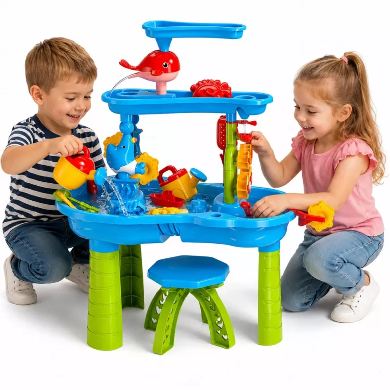 LEAN TOYS Mehrstufiger Wassertisch-Spielplatz mit Stuhl, Zubehör und Formen, 63 cm