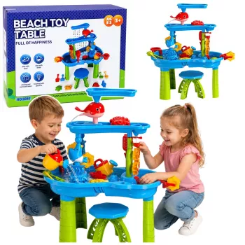 LEAN TOYS Mehrstufiger Wassertisch-Spielplatz mit Stuhl, Zubehör und Formen, 63 cm
