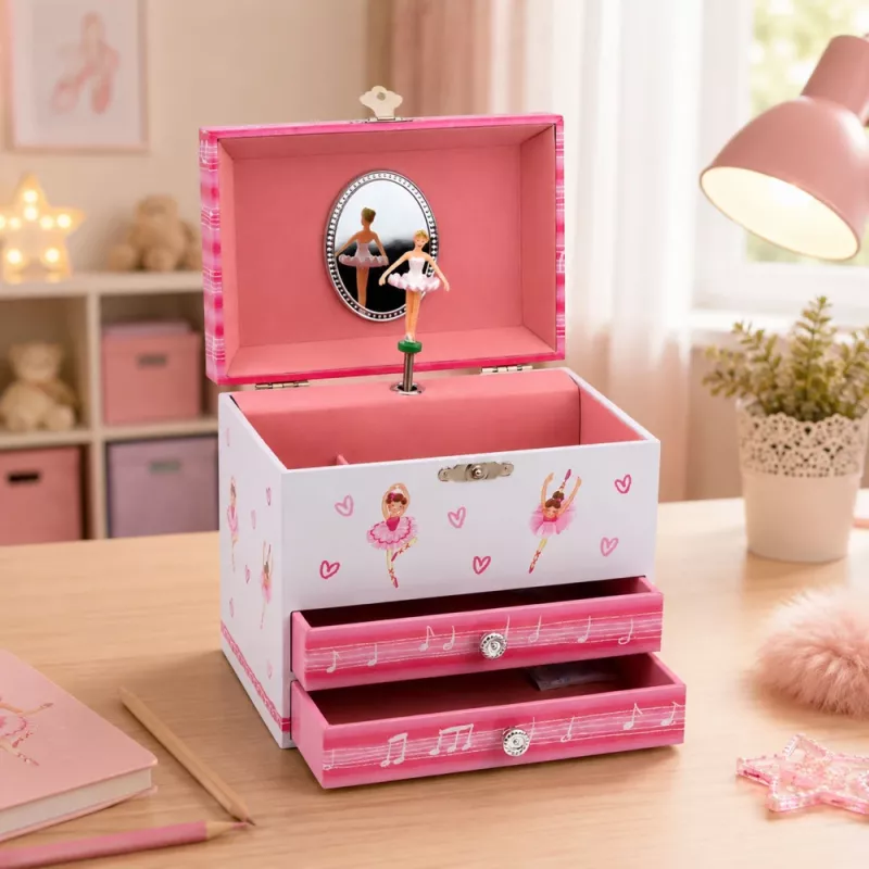 LEAN TOYS Musik-Schmuckkästchen mit Ballerina, Spieldose, Spiegel und Schubladen - Rosa klassisches Design