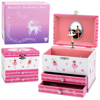 LEAN TOYS Musik-Schmuckkästchen mit Ballerina, Spieldose, Spiegel und Schubladen - Rosa klassisches Design