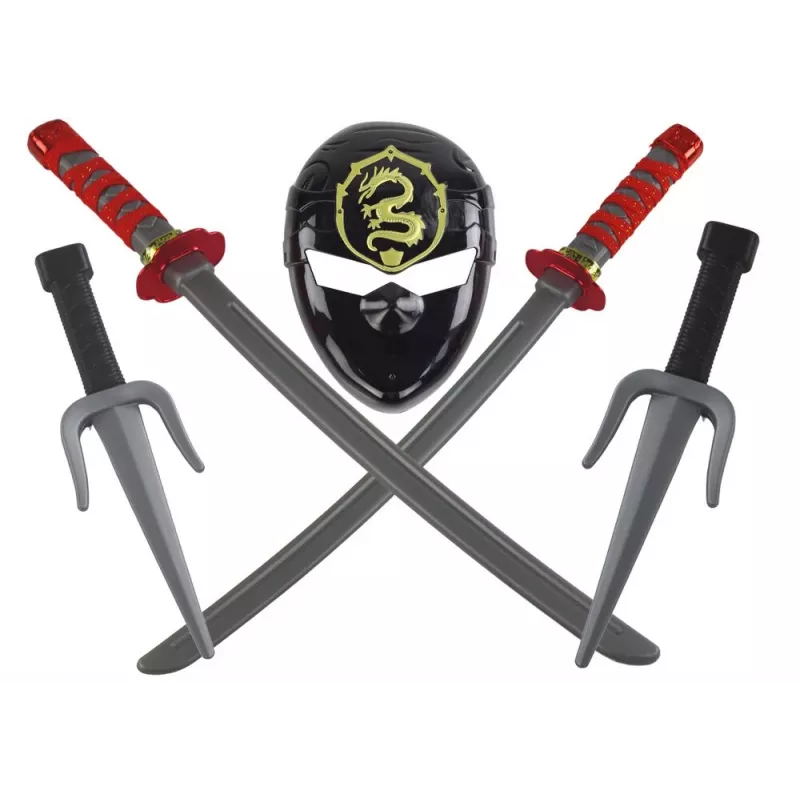 LEAN TOYS Ninja Warrior Set mit Maske, Schwert, Dolchen, Shuriken, Bogen & Pfeilen – rote Verzierungen (10-teilig)