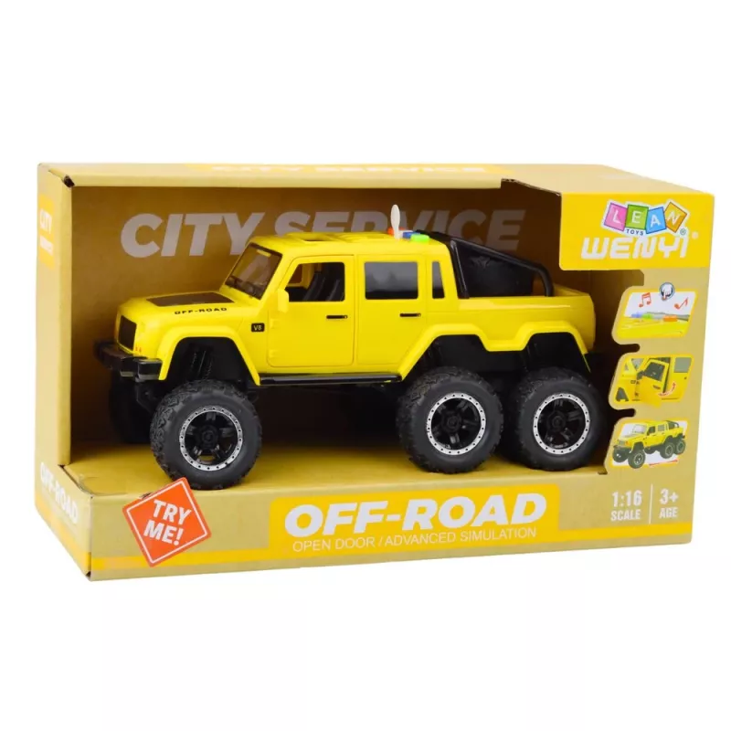 LEAN TOYS Offroad-Auto mit Reibungsantrieb, Lichtern und Sounds, Gelb, 6x6, 1:16