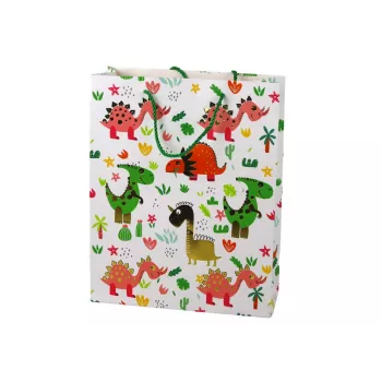 LEAN TOYS Geschenktüte aus Papier Bunte Dinosaurier Palmen 32 cm x 26 cm x 10 cm