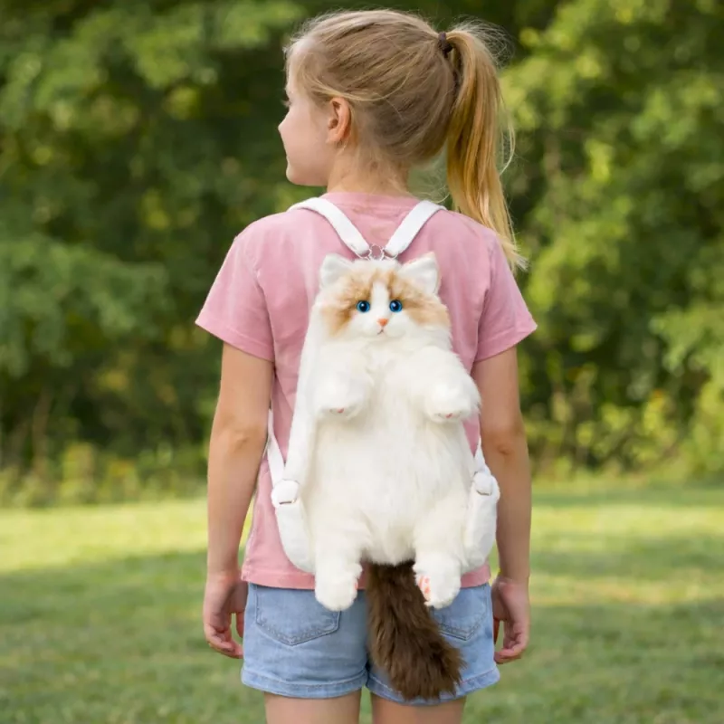 LEAN TOYS Plüsch-Katzenrucksack Maskottchen mit verstellbaren Trägern und Silikonpfoten Weiß 50cm