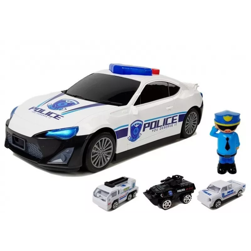 LEAN TOYS Polizeiauto Parkhaus 2in1 Polizist Kleinwagen Sound Licht