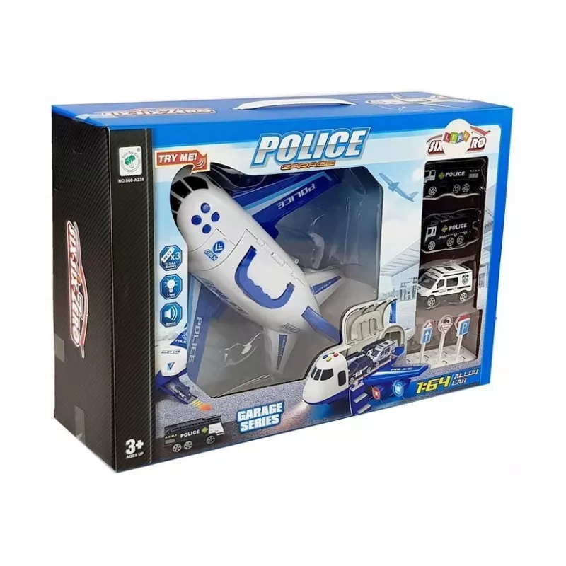 LEAN TOYS Polizei-Faltflugzeug mit Autos 1:64 mit Licht und Sound
