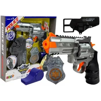 LEAN TOYS Polizei-Set Revolver 20cm Abzeichen Holster Trillerpfeife Sound Lichteffekte