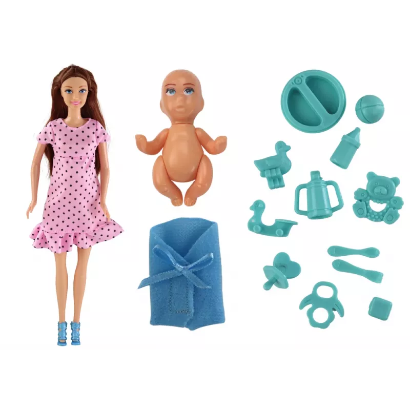 LEAN TOYS Schwangere Mama Babypuppe mit rosa Kleid Zubehör