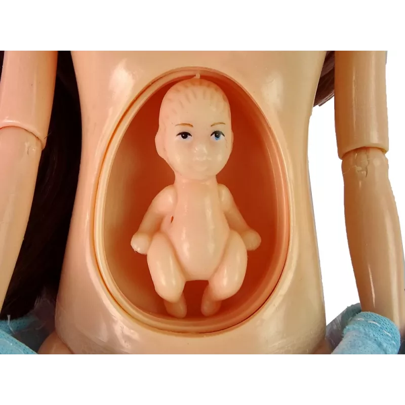 LEAN TOYS Schwangere Mama Babypuppe mit Öffnungsbauch und blauem Kleid 30 cm