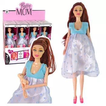 LEAN TOYS Schwangere Mama Babypuppe mit Öffnungsbauch und blauem Kleid 30 cm