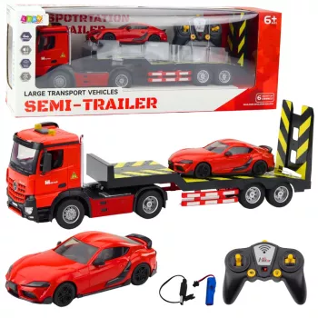 LEAN TOYS Ferngesteuertes Auto-Transporter-Set 1:16 – RC-Abschleppwagen & roter Sportwagen (22707)