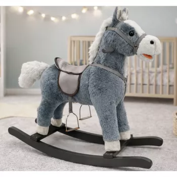 LEAN TOYS Schaukelpferd mit Sattel, Fußstützen, Geräuschen, Grau, 74 cm