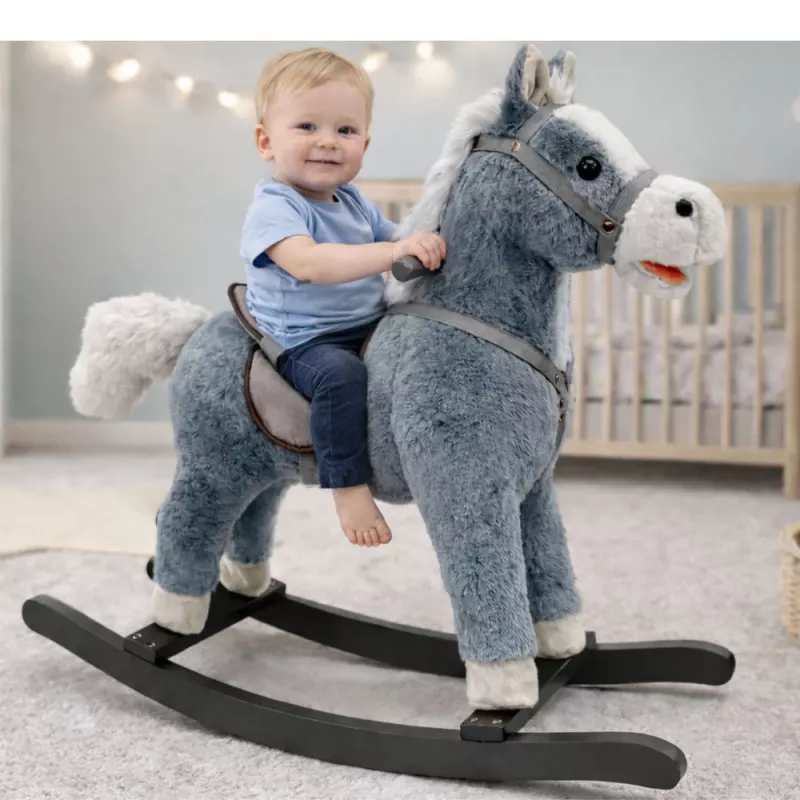 LEAN TOYS Schaukelpferd mit Sattel, Fußstützen, Geräuschen, Grau, 74 cm