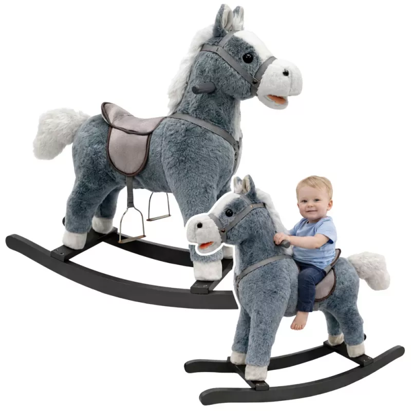 LEAN TOYS Schaukelpferd mit Sattel, Fußstützen, Geräuschen, Grau, 74 cm