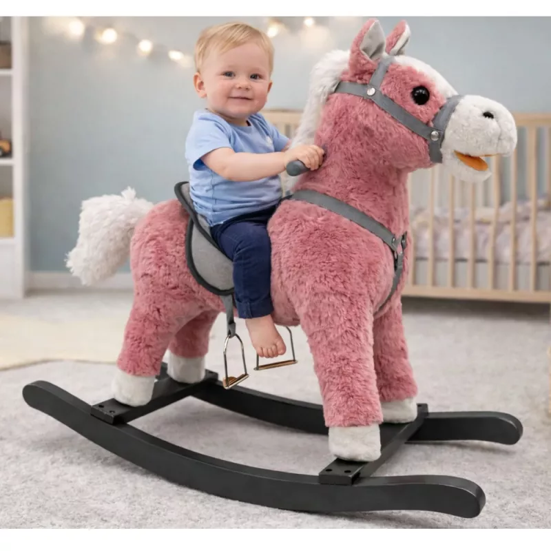 LEAN TOYS Schaukelpferd mit Sattel, Fußschaukel, Geräuschen, Pink, 74 cm