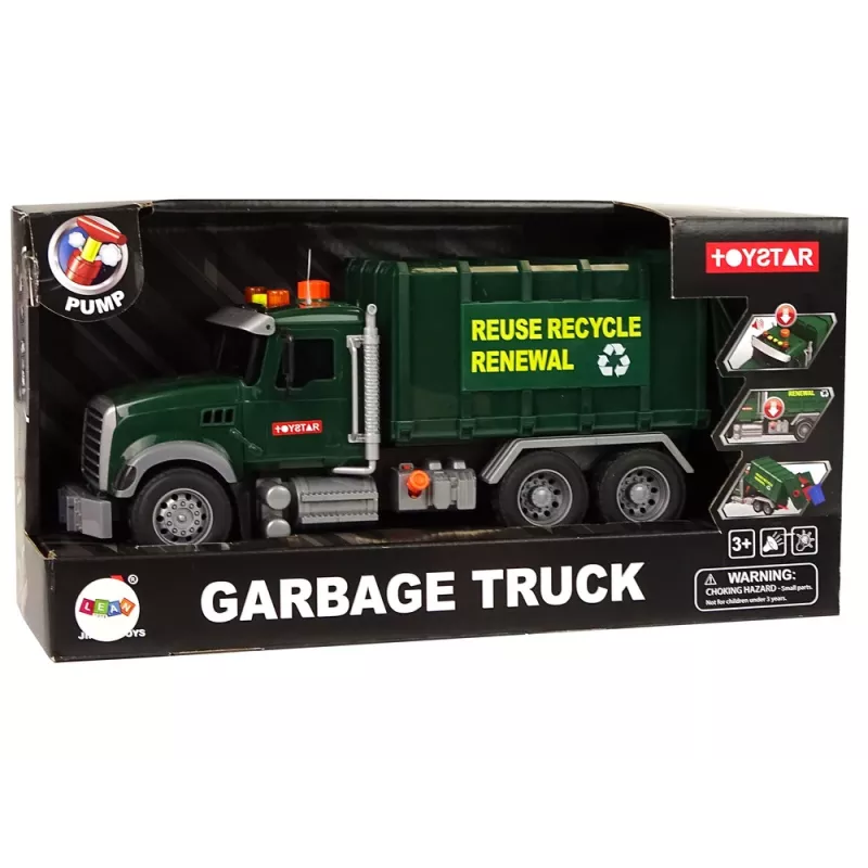 LEAN TOYS Müllwagen mit Behältern Dunkelgrün mit Geräuschen und Licht