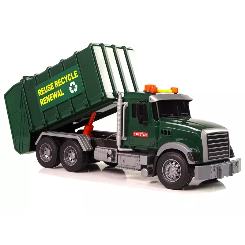 LEAN TOYS Müllwagen mit Behältern Dunkelgrün mit Geräuschen und Licht