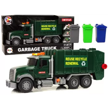 LEAN TOYS Müllwagen mit Behältern Dunkelgrün mit Geräuschen und Licht