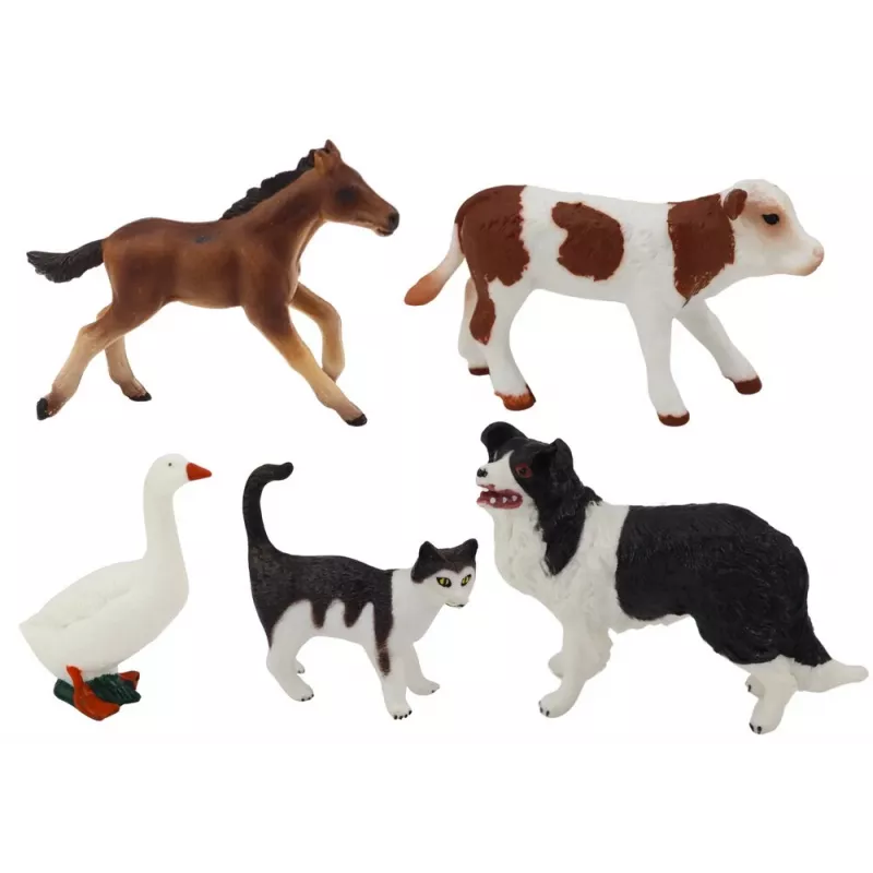 LEAN TOYS Figuren-Set Landtiere 5-teilig Pferd Kuh Katze Gans Hund